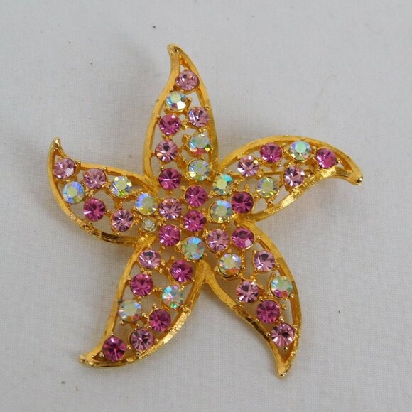Lee Angel Jewelry - Lee Angel Starfish Pin Brooch Pink Clear Rhinestone Vintage Gold Tone Metal 2.5"